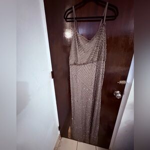 Adrianna Papell Taupe Beaded Maxi Dress with Spaghetti Straps. Size 16.